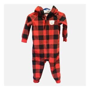 Carters Baby Boy 12M Sleeper Buffalo Plaid Red Black Fleece One Piece Hoodie